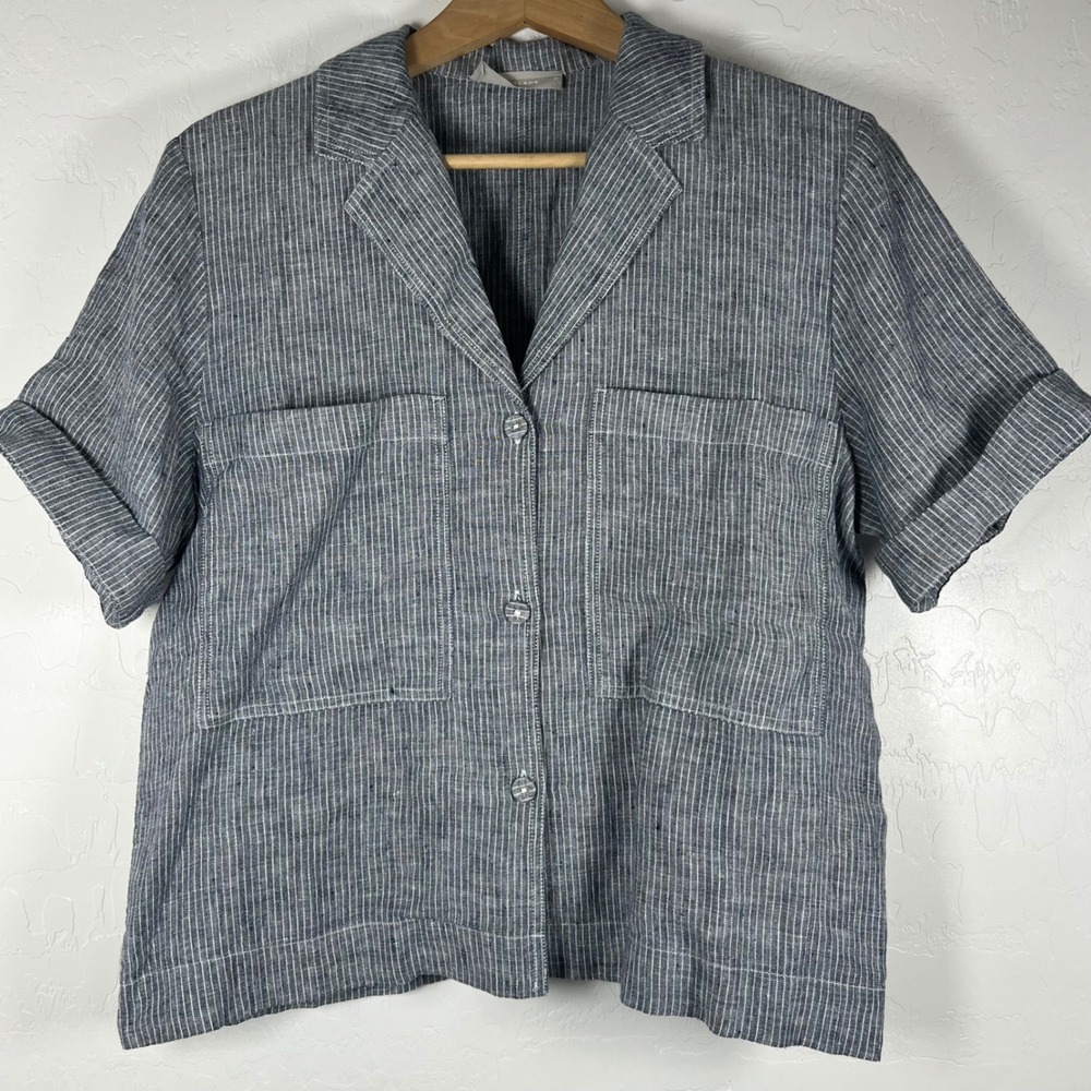 Everlane Womens Medium Blue White Pinstripe 100% Linen Short Sleeve Button Shirt